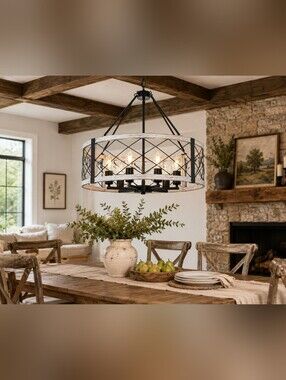 Rustic Farmhouse 6-Light Chandelier White Wood & Black Metal Drum Pendant Light